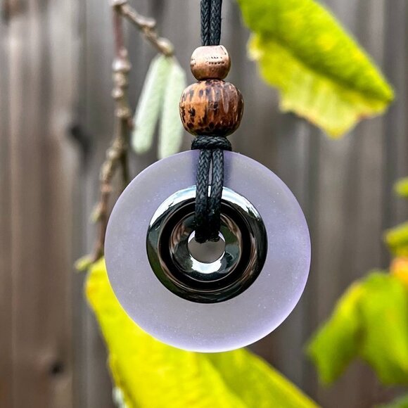 Hematite and Lavender Blue Sea Glass Pendant Handmade - Picture 3 of 5